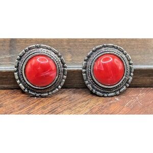 VTG Contemporary Silver Tone Medallion-Style Post Earrings w/Red Cabochon Inlay